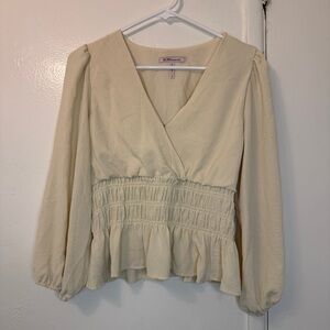 BCBGeneration Cream Puff Sleeve Peplum Blouse - Smocked Waist - Size M